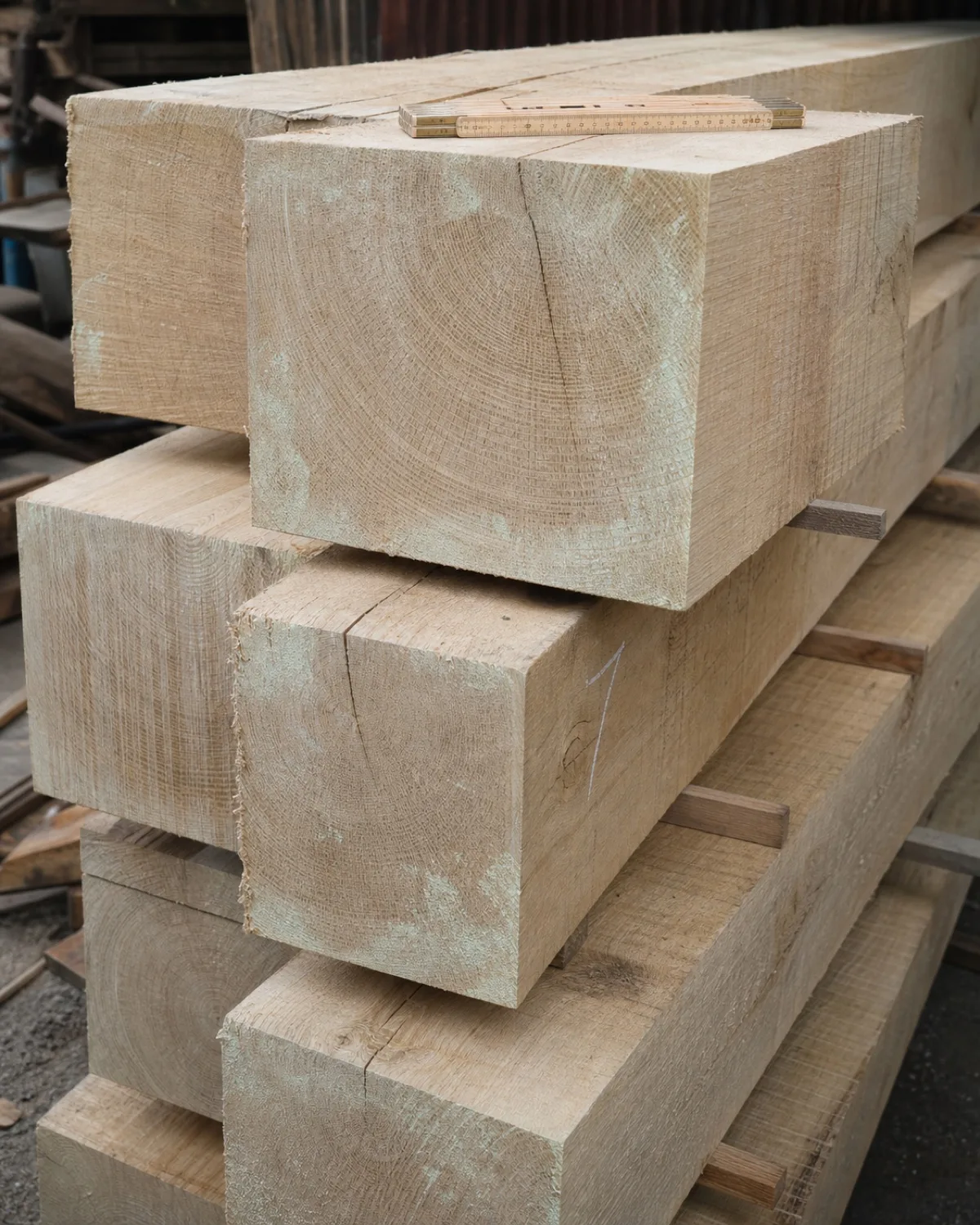 Stacked green oak beams stickered on the rack, sawn faces showing