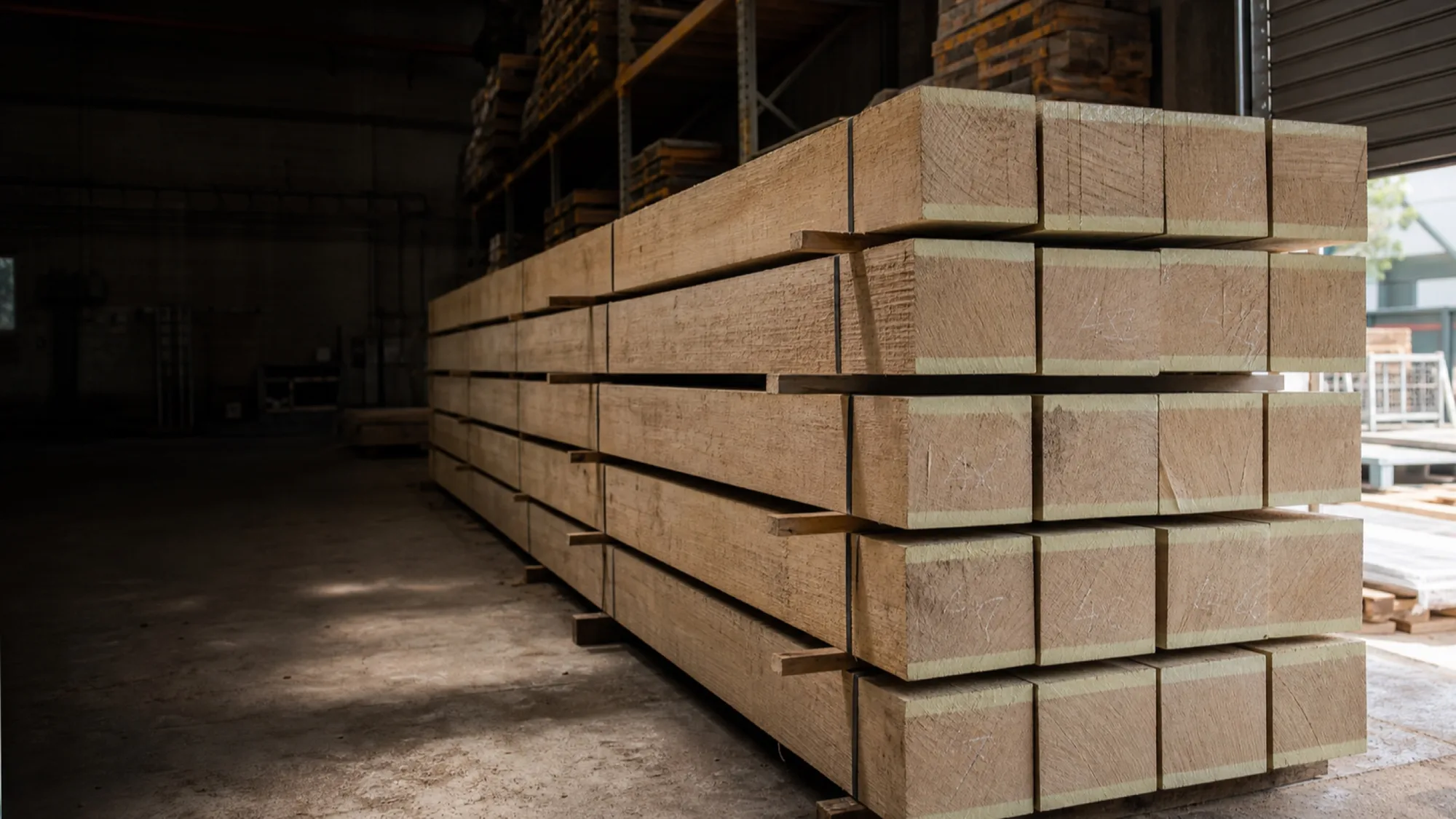 Stacks of fresh sawn European oak beams in the timber warehouse