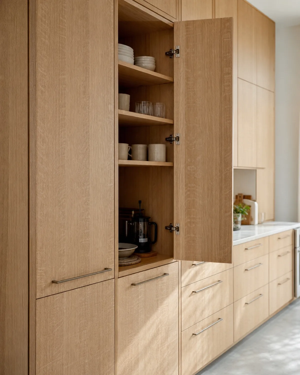 American white oak kitchen cabinetry with pale, silver-figured doors