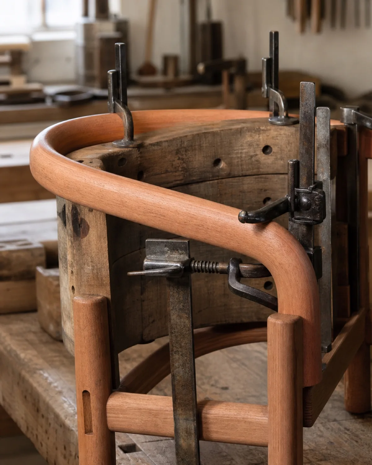 Steamed beech chair frame clamped in a bending form