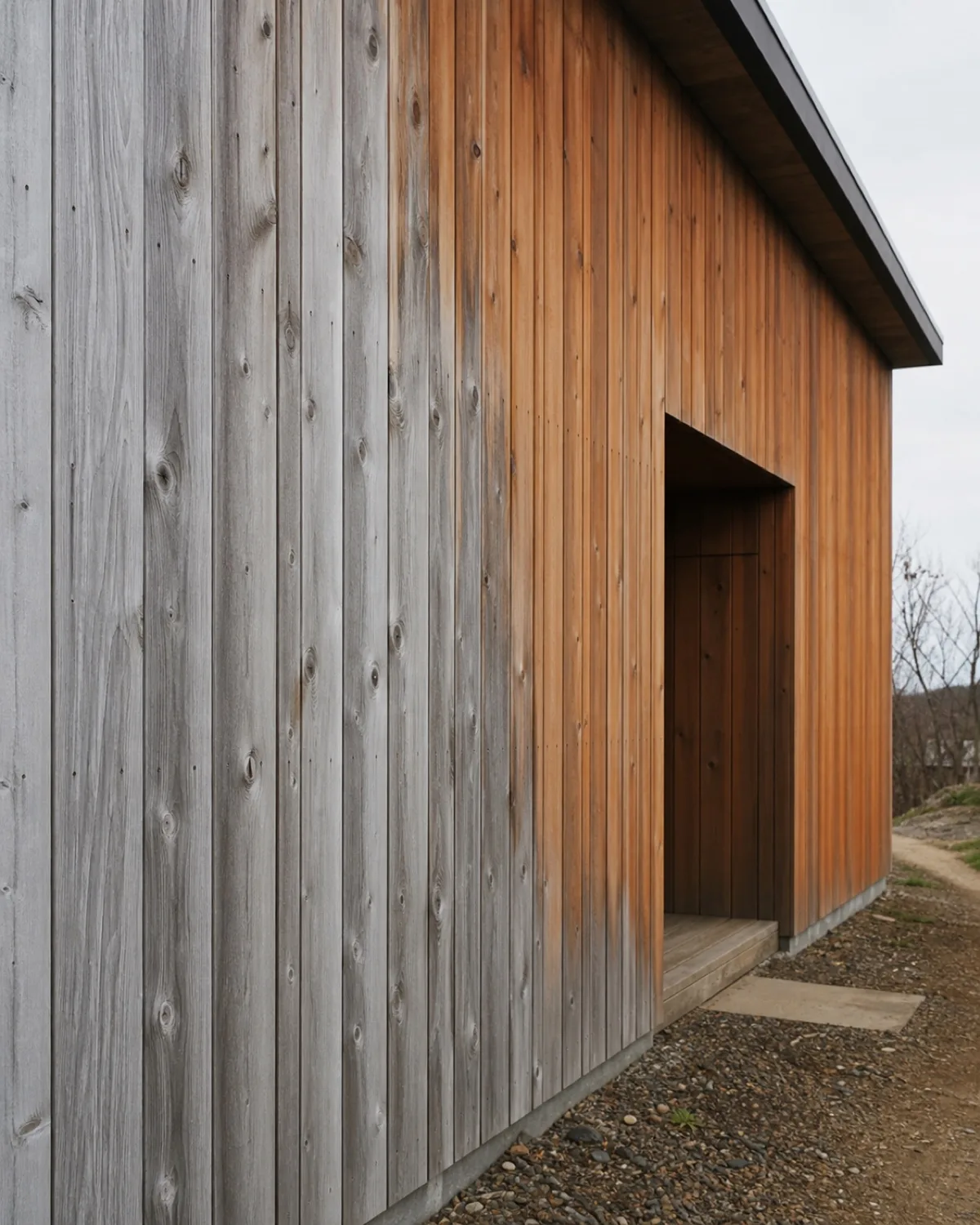 Cedar-clad elevation where weathered silver-grey meets fresh red-brown